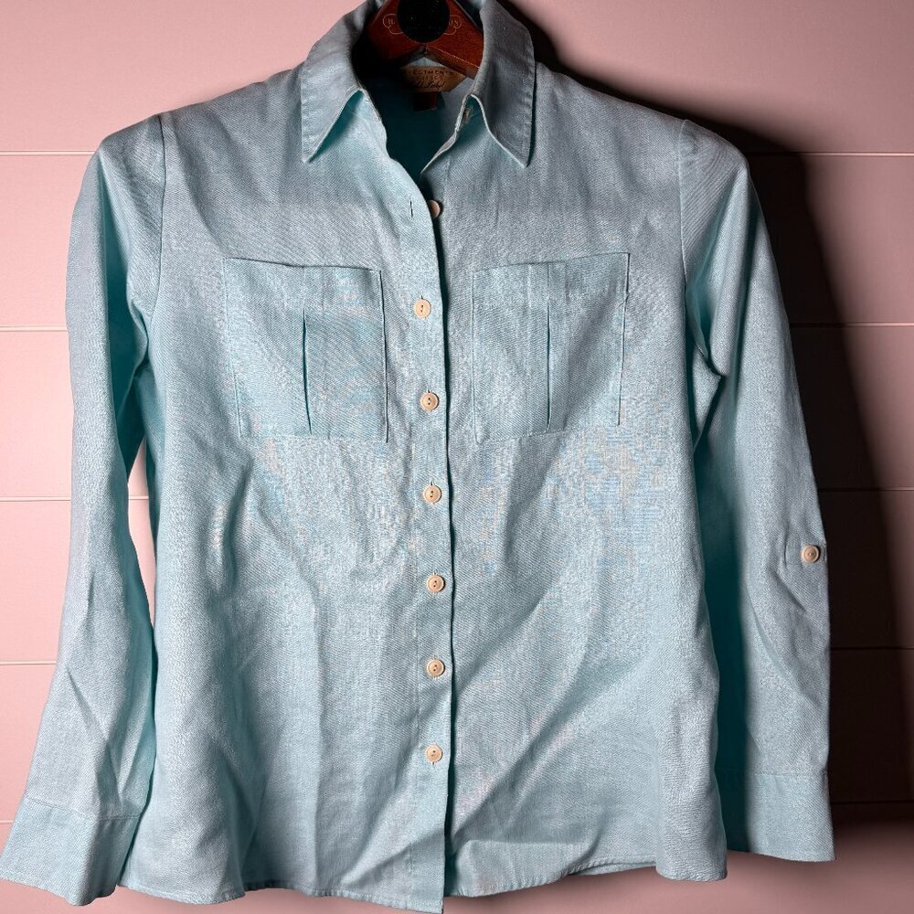 Investments Gold Label Aqua Blue Women’s 100% Hemp Shirt Size Petite 4